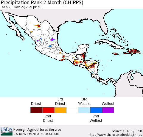Mexico Central America and the Caribbean Precipitation Rank since 1981, 2-Month (CHIRPS) Thematic Map For 9/21/2021 - 11/20/2021
