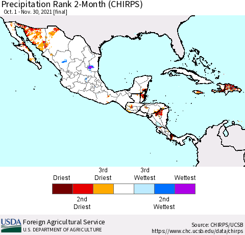 Mexico Central America and the Caribbean Precipitation Rank since 1981, 2-Month (CHIRPS) Thematic Map For 10/1/2021 - 11/30/2021