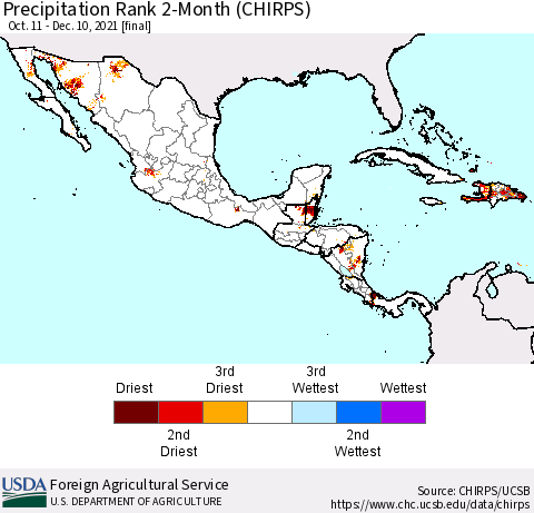 Mexico Central America and the Caribbean Precipitation Rank since 1981, 2-Month (CHIRPS) Thematic Map For 10/11/2021 - 12/10/2021