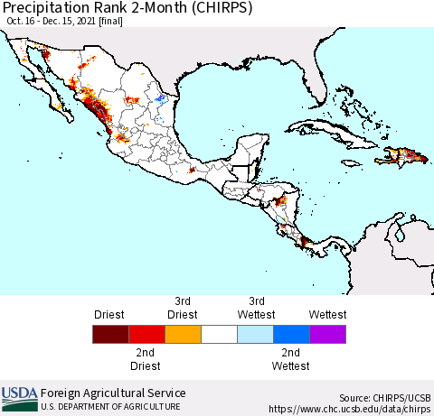 Mexico Central America and the Caribbean Precipitation Rank since 1981, 2-Month (CHIRPS) Thematic Map For 10/16/2021 - 12/15/2021