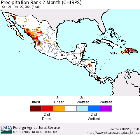Mexico Central America and the Caribbean Precipitation Rank since 1981, 2-Month (CHIRPS) Thematic Map For 10/21/2021 - 12/20/2021