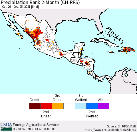Mexico Central America and the Caribbean Precipitation Rank since 1981, 2-Month (CHIRPS) Thematic Map For 10/26/2021 - 12/25/2021