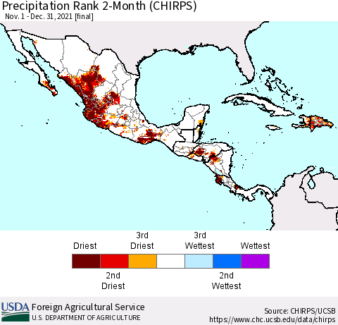 Mexico Central America and the Caribbean Precipitation Rank since 1981, 2-Month (CHIRPS) Thematic Map For 11/1/2021 - 12/31/2021