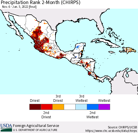 Mexico Central America and the Caribbean Precipitation Rank since 1981, 2-Month (CHIRPS) Thematic Map For 11/6/2021 - 1/5/2022