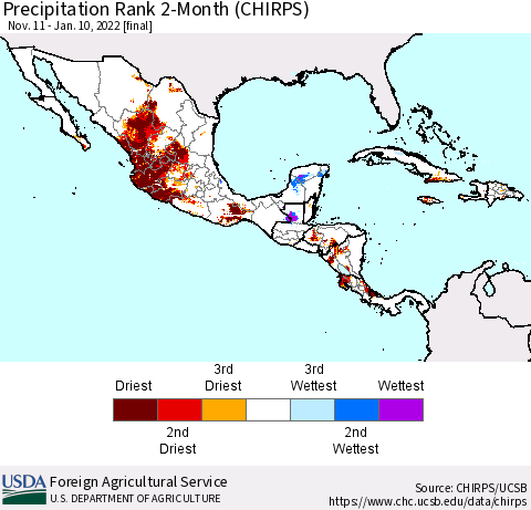 Mexico Central America and the Caribbean Precipitation Rank since 1981, 2-Month (CHIRPS) Thematic Map For 11/11/2021 - 1/10/2022
