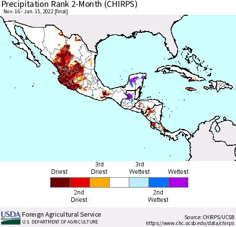 Mexico Central America and the Caribbean Precipitation Rank since 1981, 2-Month (CHIRPS) Thematic Map For 11/16/2021 - 1/15/2022