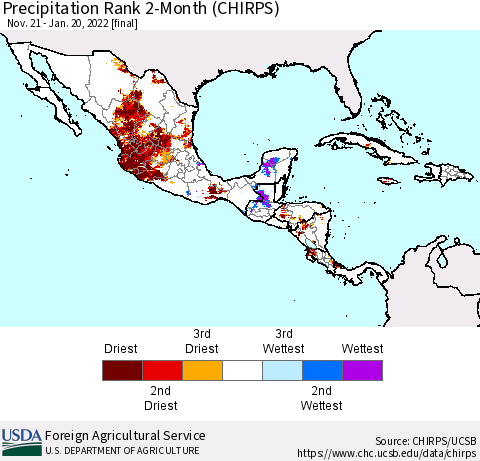Mexico Central America and the Caribbean Precipitation Rank since 1981, 2-Month (CHIRPS) Thematic Map For 11/21/2021 - 1/20/2022