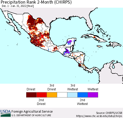 Mexico Central America and the Caribbean Precipitation Rank since 1981, 2-Month (CHIRPS) Thematic Map For 12/1/2021 - 1/31/2022