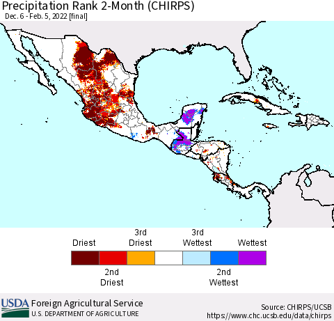 Mexico Central America and the Caribbean Precipitation Rank since 1981, 2-Month (CHIRPS) Thematic Map For 12/6/2021 - 2/5/2022