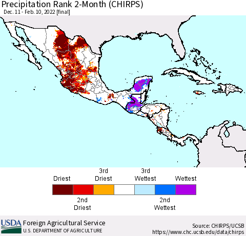 Mexico Central America and the Caribbean Precipitation Rank since 1981, 2-Month (CHIRPS) Thematic Map For 12/11/2021 - 2/10/2022