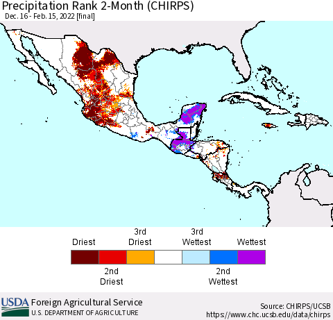 Mexico Central America and the Caribbean Precipitation Rank since 1981, 2-Month (CHIRPS) Thematic Map For 12/16/2021 - 2/15/2022