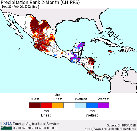 Mexico Central America and the Caribbean Precipitation Rank since 1981, 2-Month (CHIRPS) Thematic Map For 12/21/2021 - 2/20/2022