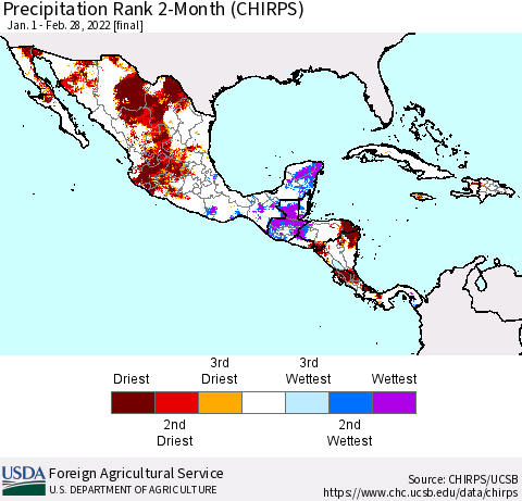Mexico Central America and the Caribbean Precipitation Rank since 1981, 2-Month (CHIRPS) Thematic Map For 1/1/2022 - 2/28/2022