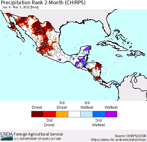 Mexico Central America and the Caribbean Precipitation Rank since 1981, 2-Month (CHIRPS) Thematic Map For 1/6/2022 - 3/5/2022