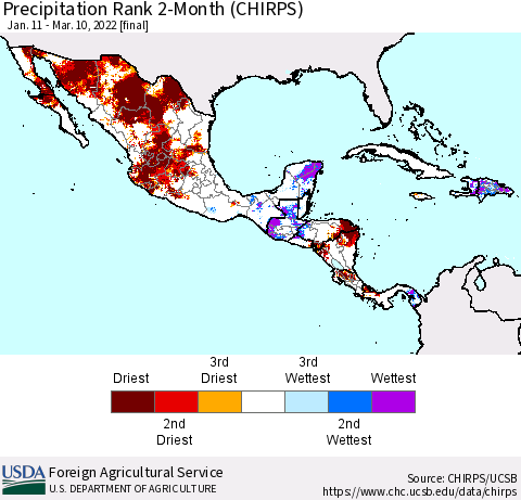 Mexico Central America and the Caribbean Precipitation Rank since 1981, 2-Month (CHIRPS) Thematic Map For 1/11/2022 - 3/10/2022