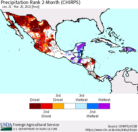Mexico Central America and the Caribbean Precipitation Rank since 1981, 2-Month (CHIRPS) Thematic Map For 1/21/2022 - 3/20/2022
