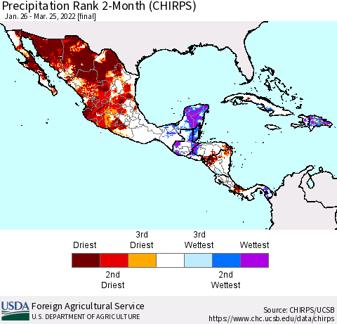Mexico Central America and the Caribbean Precipitation Rank since 1981, 2-Month (CHIRPS) Thematic Map For 1/26/2022 - 3/25/2022