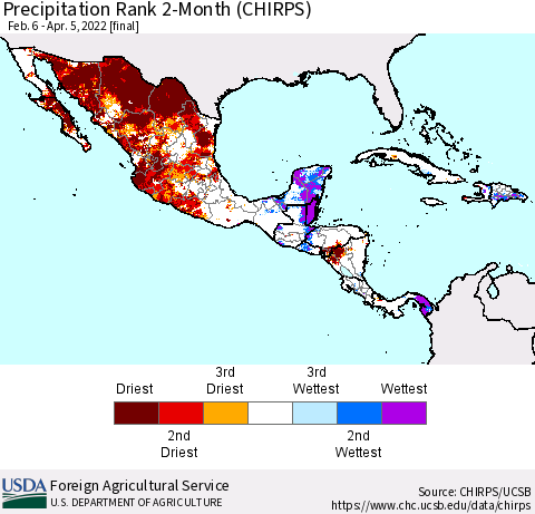 Mexico Central America and the Caribbean Precipitation Rank since 1981, 2-Month (CHIRPS) Thematic Map For 2/6/2022 - 4/5/2022