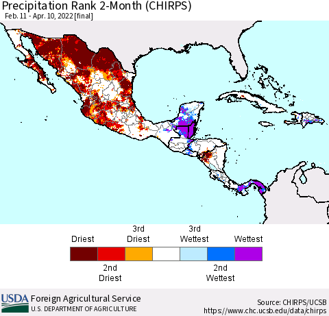 Mexico Central America and the Caribbean Precipitation Rank since 1981, 2-Month (CHIRPS) Thematic Map For 2/11/2022 - 4/10/2022