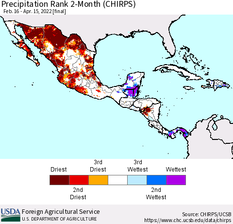 Mexico Central America and the Caribbean Precipitation Rank since 1981, 2-Month (CHIRPS) Thematic Map For 2/16/2022 - 4/15/2022