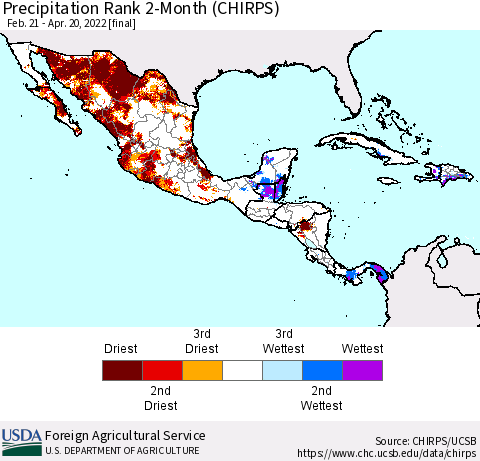Mexico Central America and the Caribbean Precipitation Rank since 1981, 2-Month (CHIRPS) Thematic Map For 2/21/2022 - 4/20/2022
