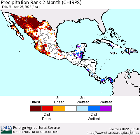 Mexico Central America and the Caribbean Precipitation Rank since 1981, 2-Month (CHIRPS) Thematic Map For 2/26/2022 - 4/25/2022