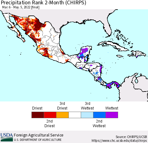 Mexico Central America and the Caribbean Precipitation Rank since 1981, 2-Month (CHIRPS) Thematic Map For 3/6/2022 - 5/5/2022