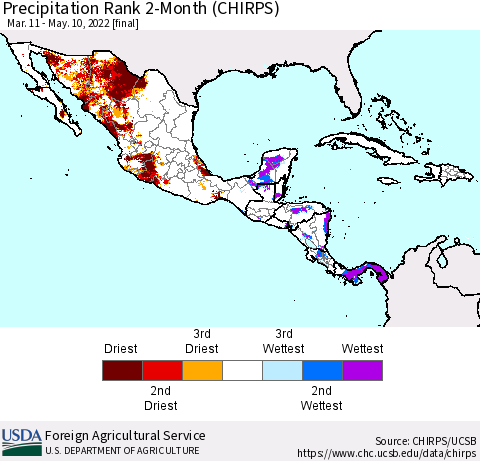 Mexico Central America and the Caribbean Precipitation Rank since 1981, 2-Month (CHIRPS) Thematic Map For 3/11/2022 - 5/10/2022