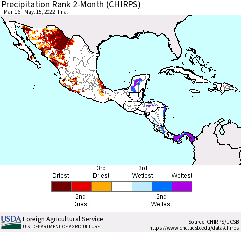 Mexico Central America and the Caribbean Precipitation Rank since 1981, 2-Month (CHIRPS) Thematic Map For 3/16/2022 - 5/15/2022