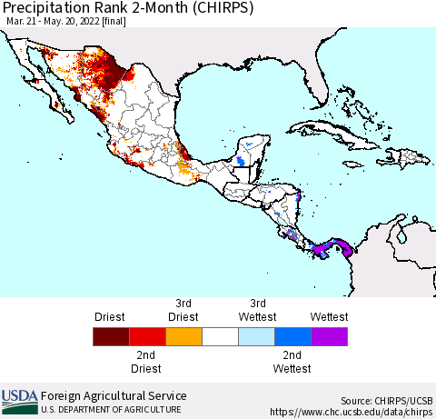 Mexico Central America and the Caribbean Precipitation Rank since 1981, 2-Month (CHIRPS) Thematic Map For 3/21/2022 - 5/20/2022