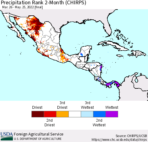 Mexico Central America and the Caribbean Precipitation Rank since 1981, 2-Month (CHIRPS) Thematic Map For 3/26/2022 - 5/25/2022