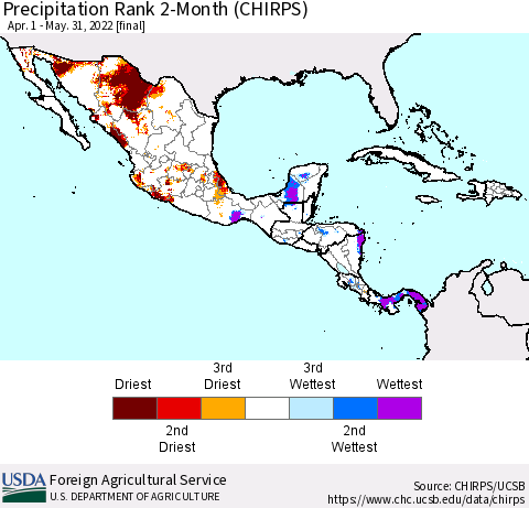 Mexico Central America and the Caribbean Precipitation Rank since 1981, 2-Month (CHIRPS) Thematic Map For 4/1/2022 - 5/31/2022