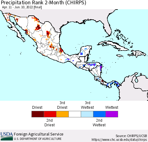 Mexico Central America and the Caribbean Precipitation Rank since 1981, 2-Month (CHIRPS) Thematic Map For 4/11/2022 - 6/10/2022