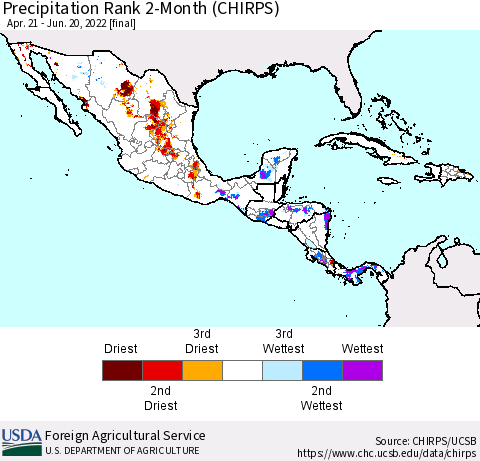 Mexico Central America and the Caribbean Precipitation Rank since 1981, 2-Month (CHIRPS) Thematic Map For 4/21/2022 - 6/20/2022