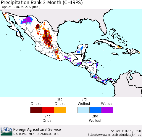 Mexico Central America and the Caribbean Precipitation Rank since 1981, 2-Month (CHIRPS) Thematic Map For 4/26/2022 - 6/25/2022