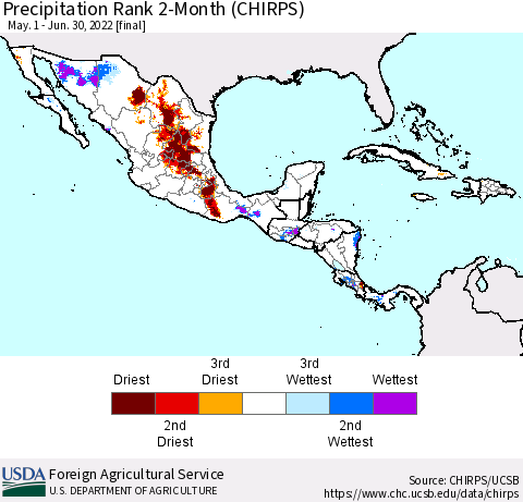 Mexico Central America and the Caribbean Precipitation Rank since 1981, 2-Month (CHIRPS) Thematic Map For 5/1/2022 - 6/30/2022