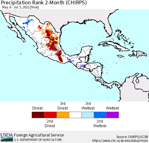 Mexico Central America and the Caribbean Precipitation Rank since 1981, 2-Month (CHIRPS) Thematic Map For 5/6/2022 - 7/5/2022