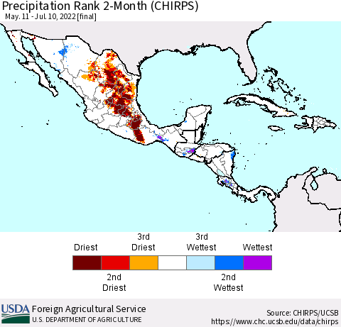 Mexico Central America and the Caribbean Precipitation Rank since 1981, 2-Month (CHIRPS) Thematic Map For 5/11/2022 - 7/10/2022
