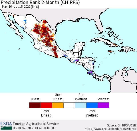 Mexico Central America and the Caribbean Precipitation Rank since 1981, 2-Month (CHIRPS) Thematic Map For 5/16/2022 - 7/15/2022