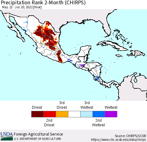 Mexico Central America and the Caribbean Precipitation Rank since 1981, 2-Month (CHIRPS) Thematic Map For 5/21/2022 - 7/20/2022