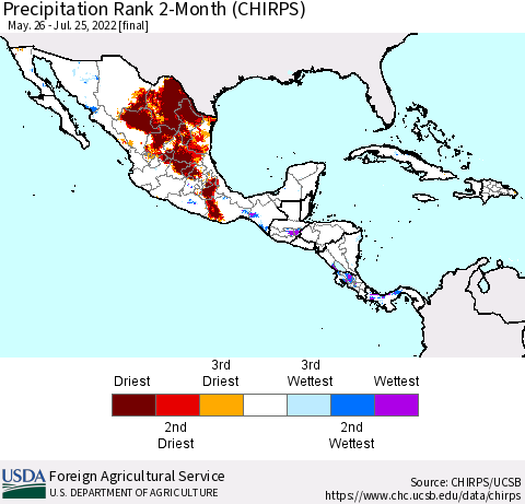Mexico Central America and the Caribbean Precipitation Rank since 1981, 2-Month (CHIRPS) Thematic Map For 5/26/2022 - 7/25/2022