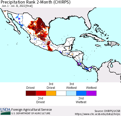 Mexico Central America and the Caribbean Precipitation Rank since 1981, 2-Month (CHIRPS) Thematic Map For 6/1/2022 - 7/31/2022