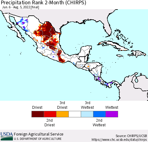 Mexico Central America and the Caribbean Precipitation Rank since 1981, 2-Month (CHIRPS) Thematic Map For 6/6/2022 - 8/5/2022