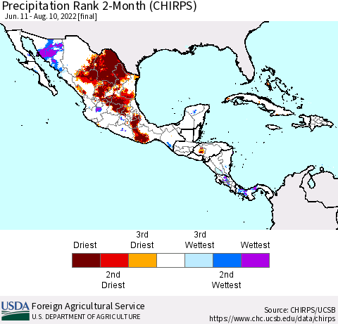 Mexico Central America and the Caribbean Precipitation Rank since 1981, 2-Month (CHIRPS) Thematic Map For 6/11/2022 - 8/10/2022