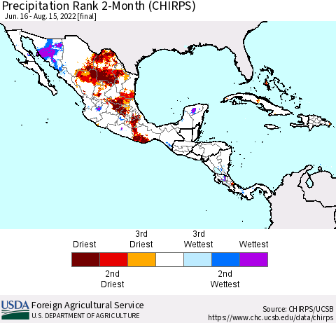 Mexico Central America and the Caribbean Precipitation Rank since 1981, 2-Month (CHIRPS) Thematic Map For 6/16/2022 - 8/15/2022