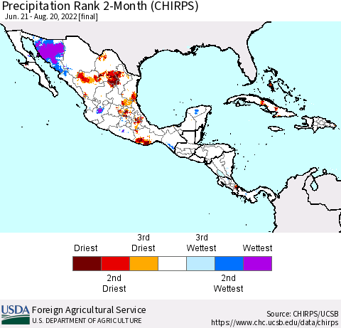 Mexico Central America and the Caribbean Precipitation Rank since 1981, 2-Month (CHIRPS) Thematic Map For 6/21/2022 - 8/20/2022