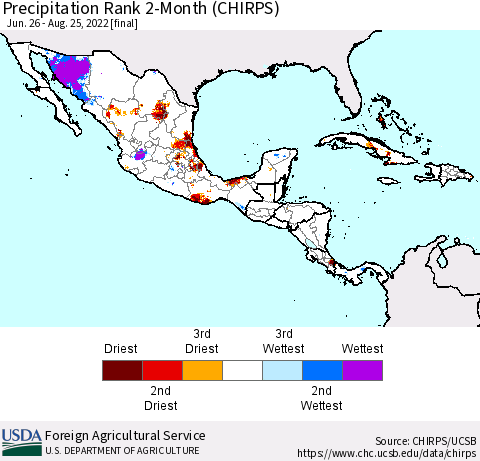 Mexico Central America and the Caribbean Precipitation Rank since 1981, 2-Month (CHIRPS) Thematic Map For 6/26/2022 - 8/25/2022