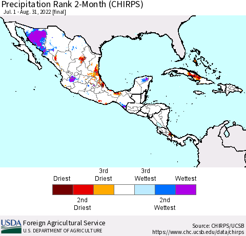 Mexico Central America and the Caribbean Precipitation Rank since 1981, 2-Month (CHIRPS) Thematic Map For 7/1/2022 - 8/31/2022