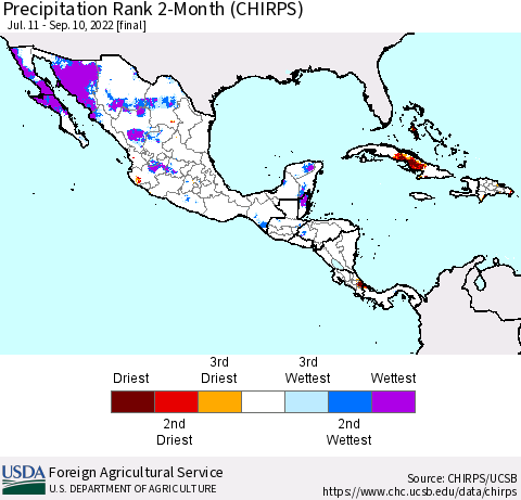Mexico Central America and the Caribbean Precipitation Rank since 1981, 2-Month (CHIRPS) Thematic Map For 7/11/2022 - 9/10/2022