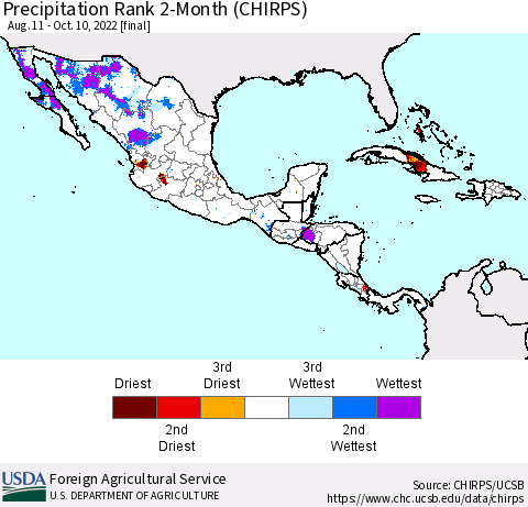 Mexico Central America and the Caribbean Precipitation Rank since 1981, 2-Month (CHIRPS) Thematic Map For 8/11/2022 - 10/10/2022
